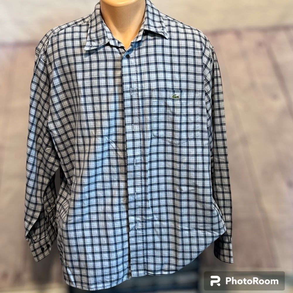 LACOSTE Plaid Blue Button Down Long Sleeve Shirt Size L Men’s Cotton